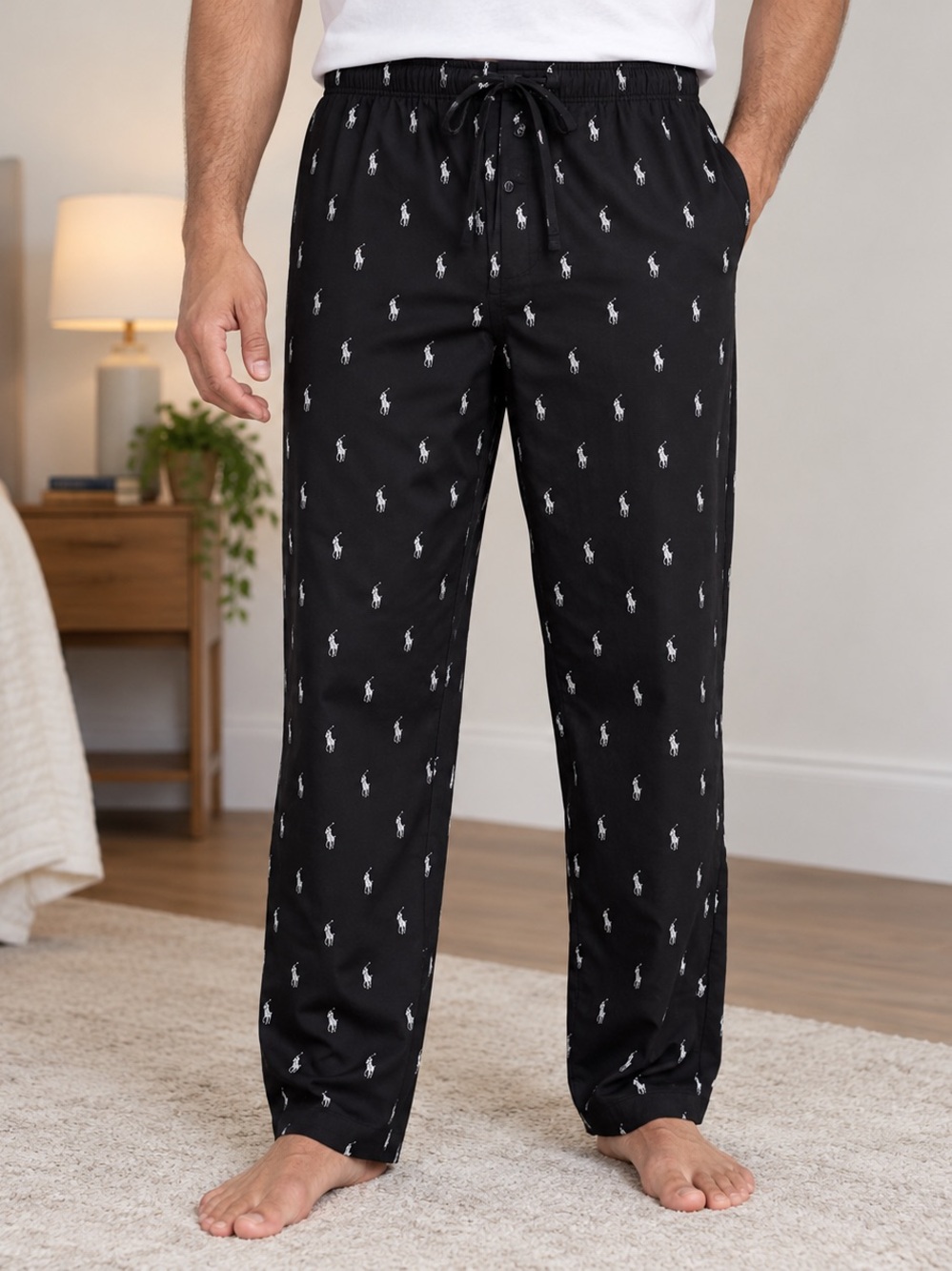 Classic Polo Ralph Lauren pajama pants in black with an allover white signature